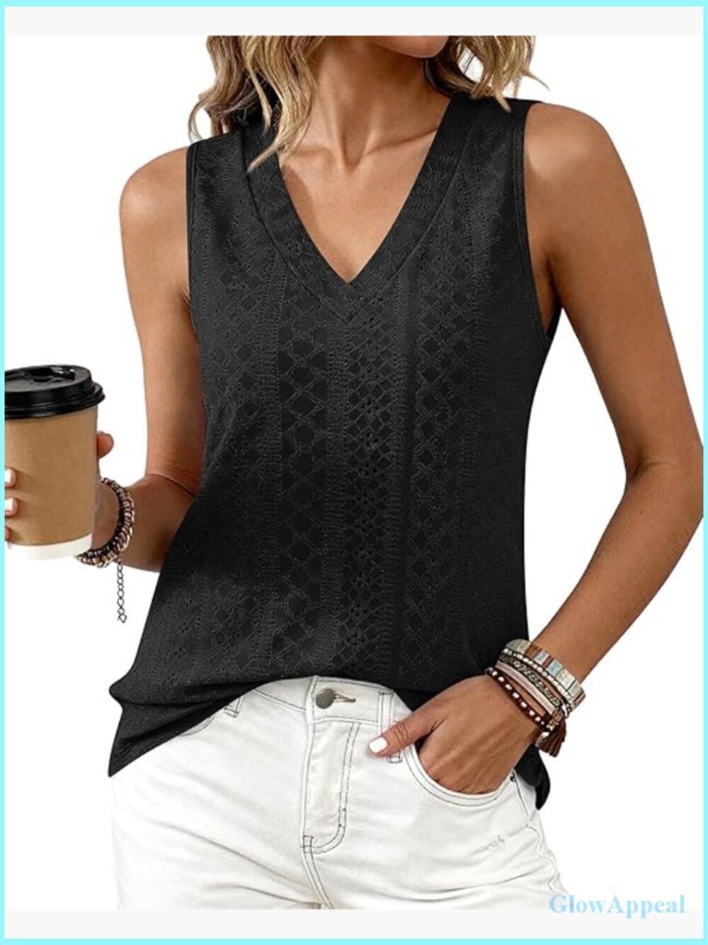 V-Neck Eyelet Tank Top Loose Fit Sleeveless Summer Casual Top
